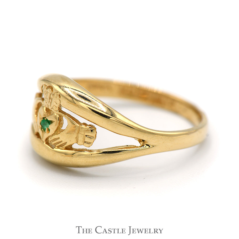Round Cut Emerald Claddagh Ring in 14k Yellow Gold