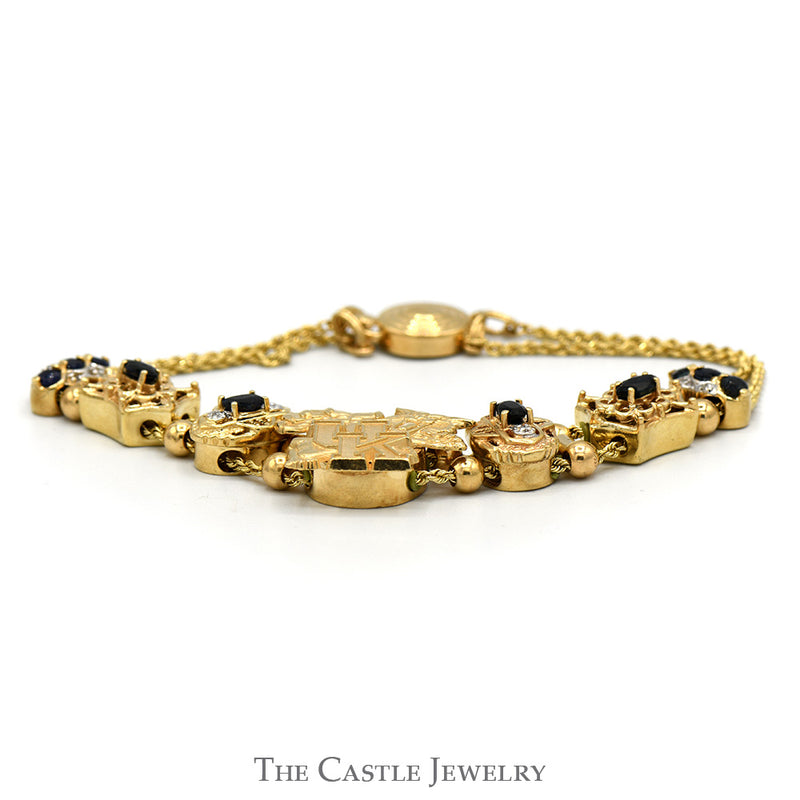 8 Inch UK Wildcat Logo Slide Bracelet with Diamond And Sapphire Accents in 14k Yellow Gold