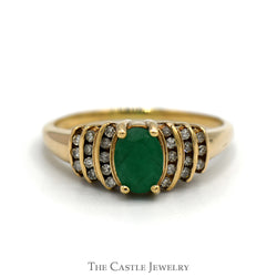 Vintage Style Oval Cut Emerald Ring with Channel Set Diamond Accents in 10k Yellow Gold