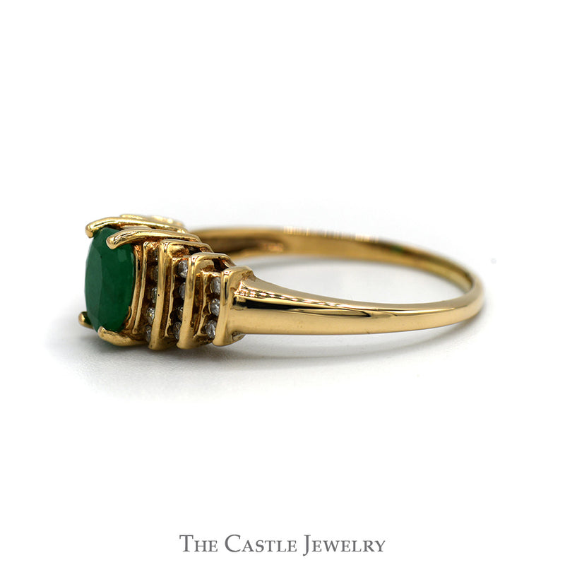 Vintage Style Oval Cut Emerald Ring with Channel Set Diamond Accents in 10k Yellow Gold