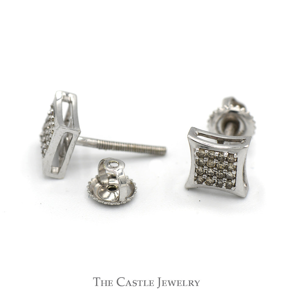 Square Shaped .20cttw Pave Set Diamond Cluster Stud earrings in 10k White Gold with Screw Backs