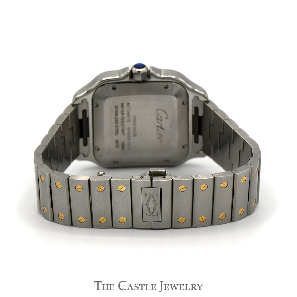 Cartier Santos Large Model Two Tone Designer Watch in 18k Yellow Gold & Stainless Steel with Extras