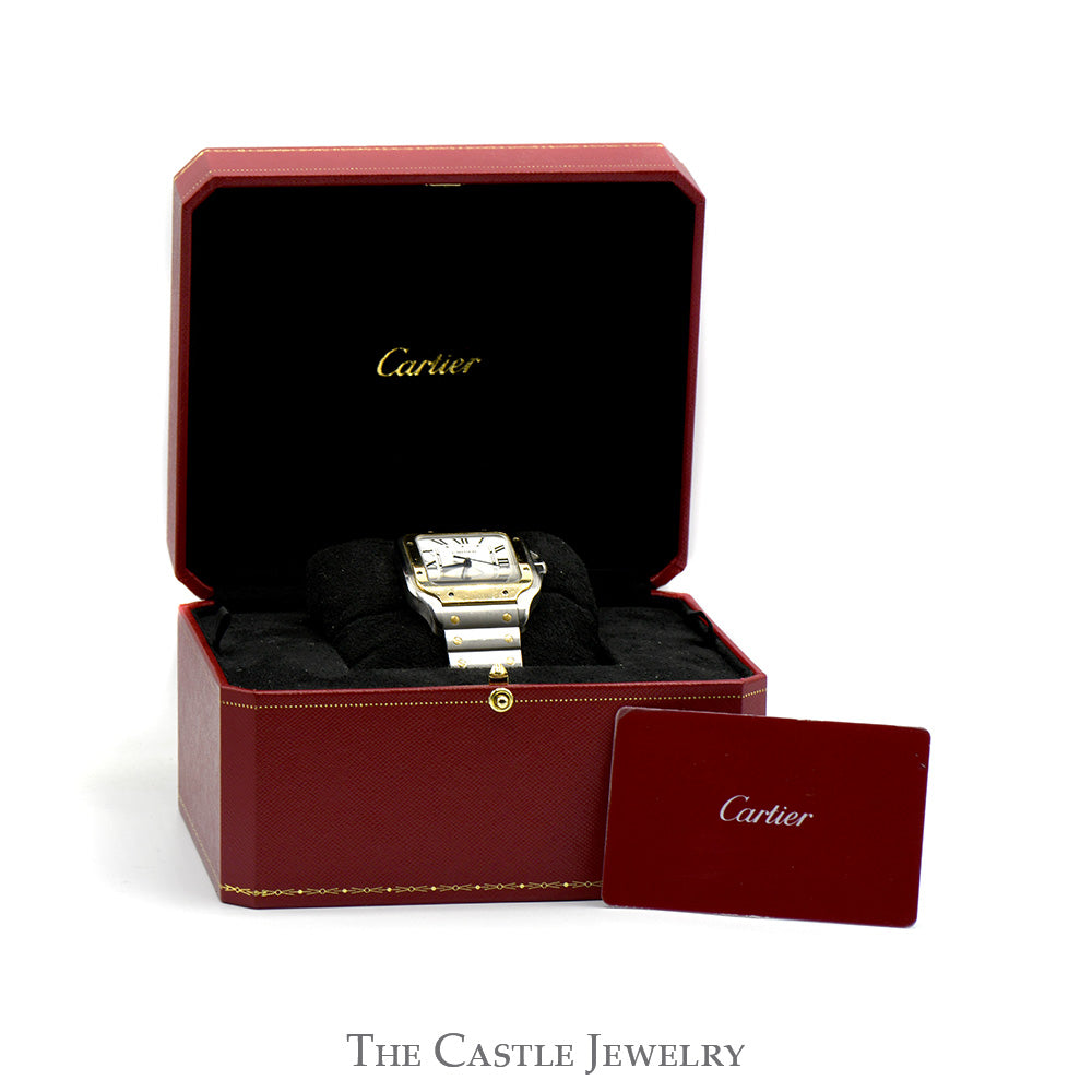 Cartier Santos Large Model Two Tone Designer Watch in 18k Yellow Gold & Stainless Steel with Extras