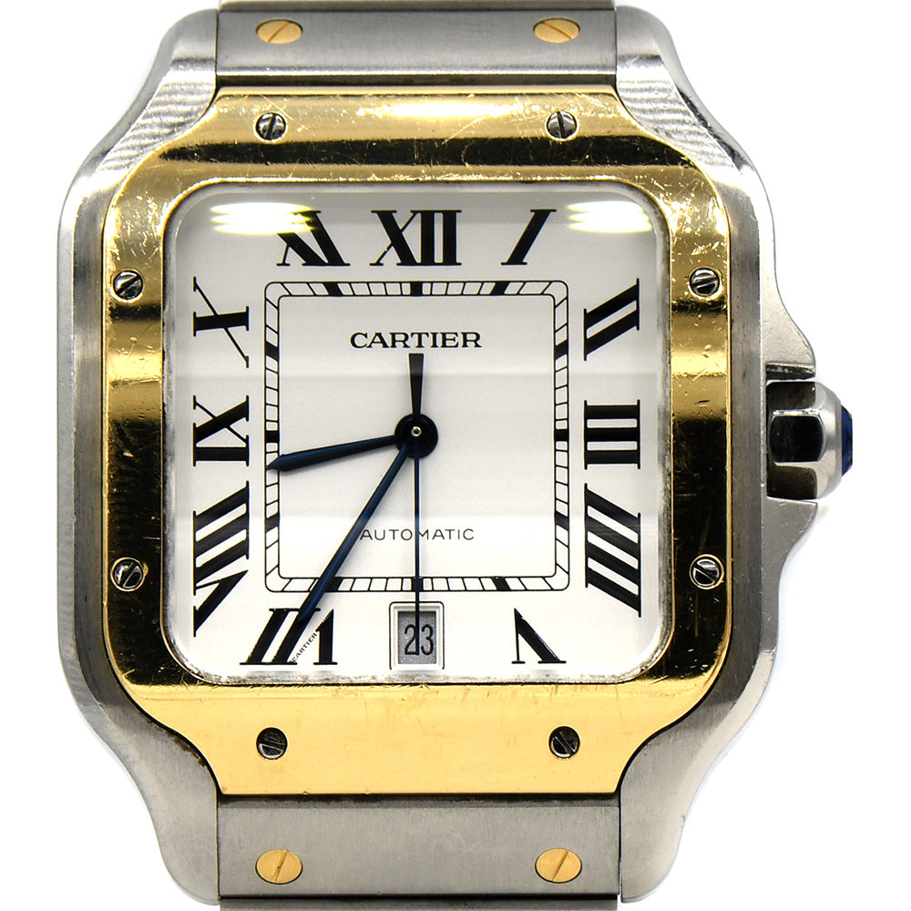 Cartier Santos Large Model Two Tone Designer Watch in 18k Yellow Gold & Stainless Steel with Extras