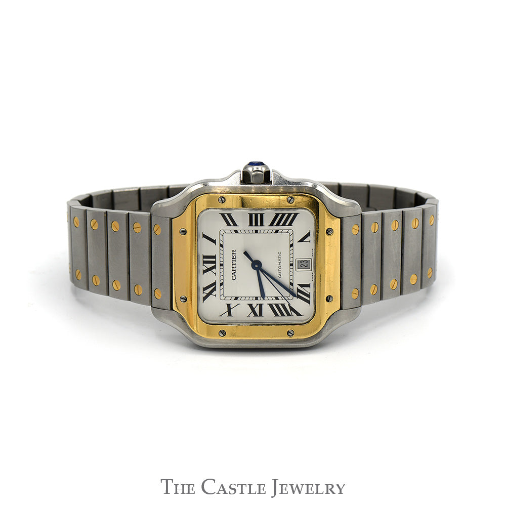 Cartier Santos Large Model Two Tone Designer Watch in 18k Yellow Gold & Stainless Steel with Extras