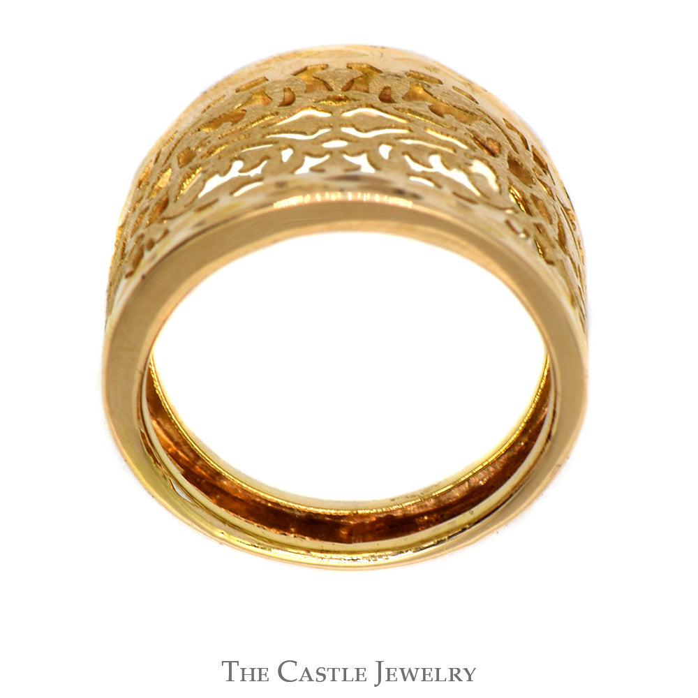 Open Filigree Designed Wide Tapered Dome Band in 14k Yellow Gold