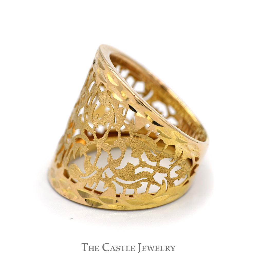 Open Filigree Designed Wide Tapered Dome Band in 14k Yellow Gold