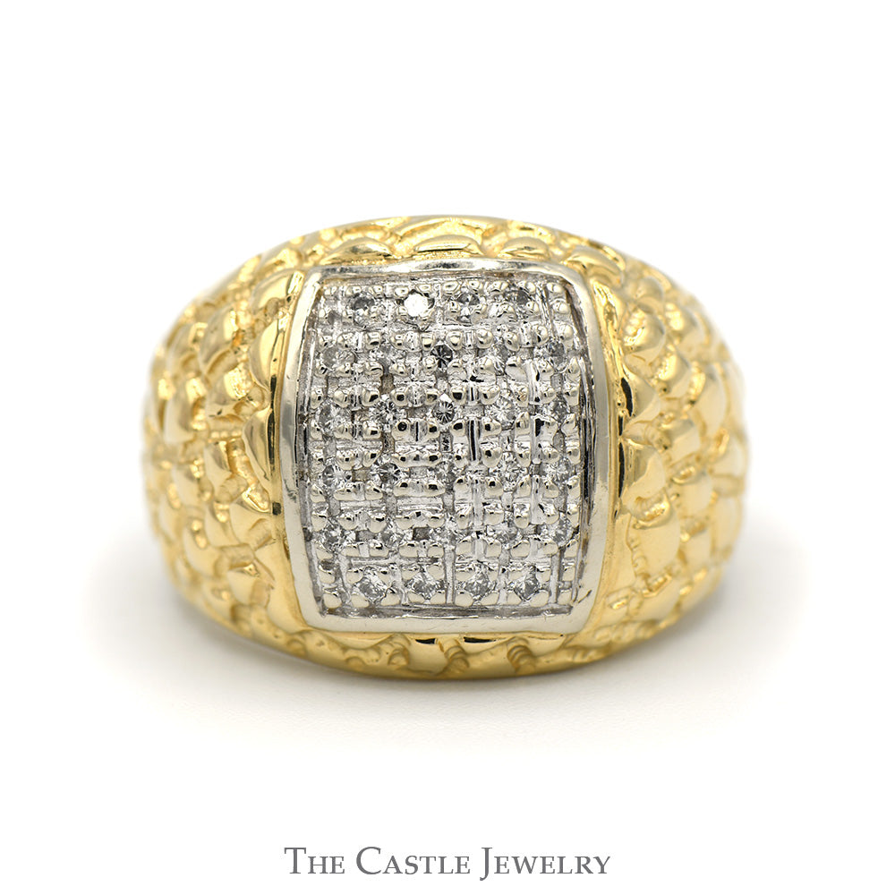Men's Rectangular Diamond Cluster Ring in 14k Yellow Gold Nugget Designed Mounting