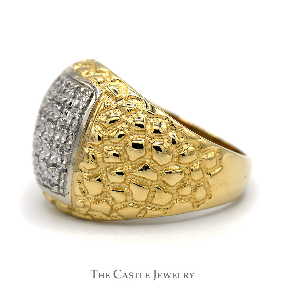 Men's Rectangular Diamond Cluster Ring in 14k Yellow Gold Nugget Designed Mounting