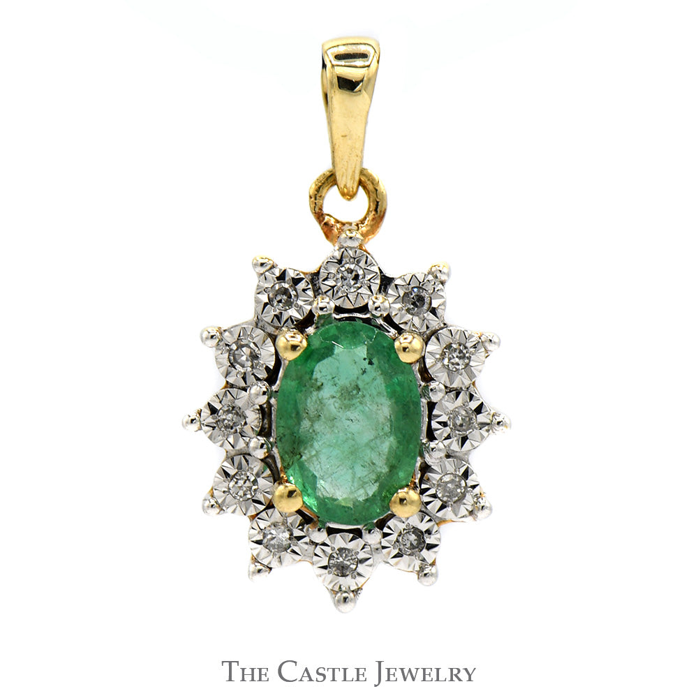 Oval Emerald Pendant with Illusion Set Diamond Halo in 10k Yellow Gold