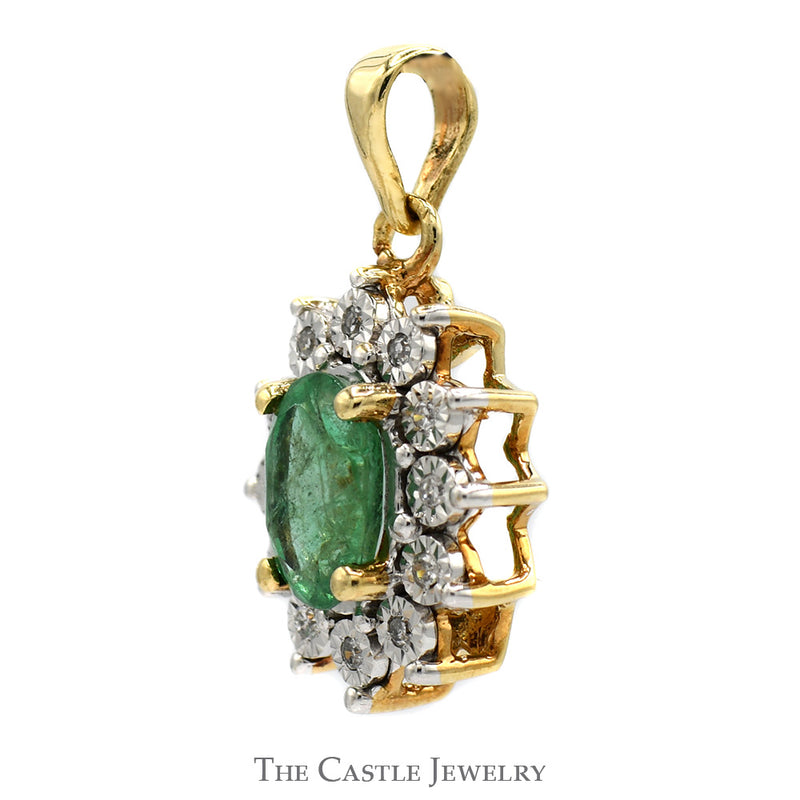 Oval Emerald Pendant with Illusion Set Diamond Halo in 10k Yellow Gold