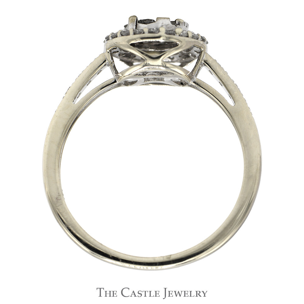 1/2cttw Round Shaped Diamond Cluster Ring with Diamond Halo and Accented Sides in 14k White Gold