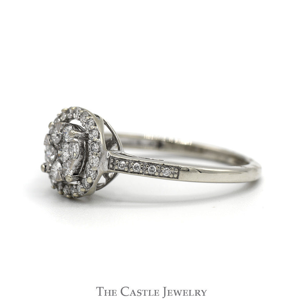 1/2cttw Round Shaped Diamond Cluster Ring with Diamond Halo and Accented Sides in 14k White Gold