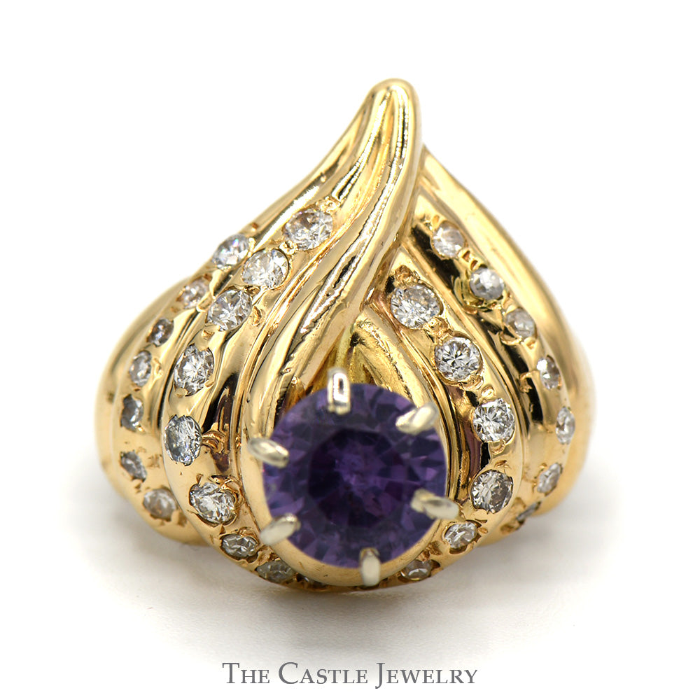 Round Mystic Topaz Ring in Diamond Accented Swirled Tiered 14k Yellow Gold Mounting