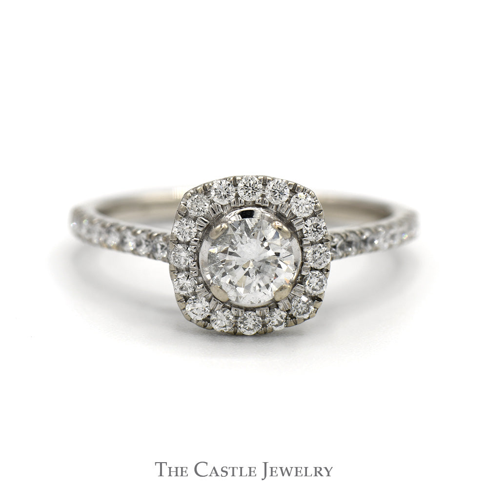 Round Diamond Engagement Ring with Diamond Halo and Accented Sides in 10k White Gold