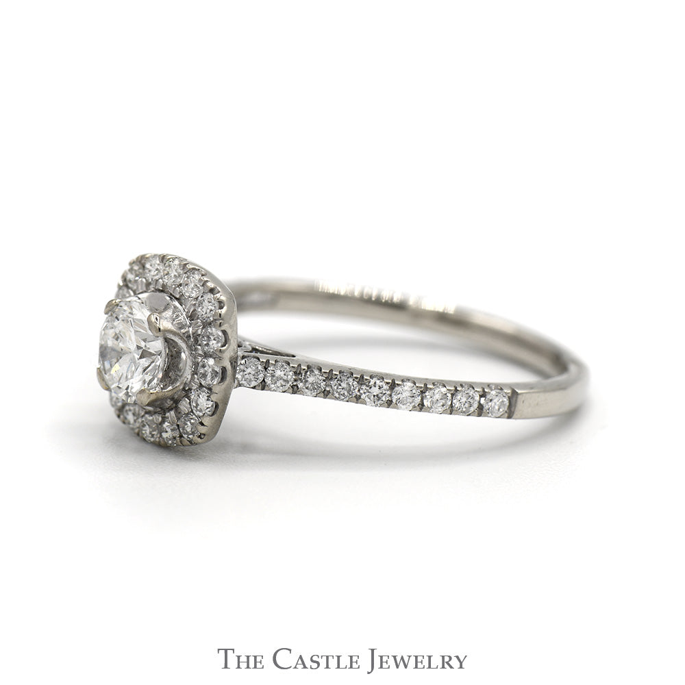 Round Diamond Engagement Ring with Diamond Halo and Accented Sides in 10k White Gold