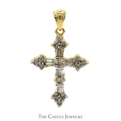 Diamond Cross Pendant With Baguette Cut and Round Cut Diamonds .38 CTTW In 14KT Yellow Gold