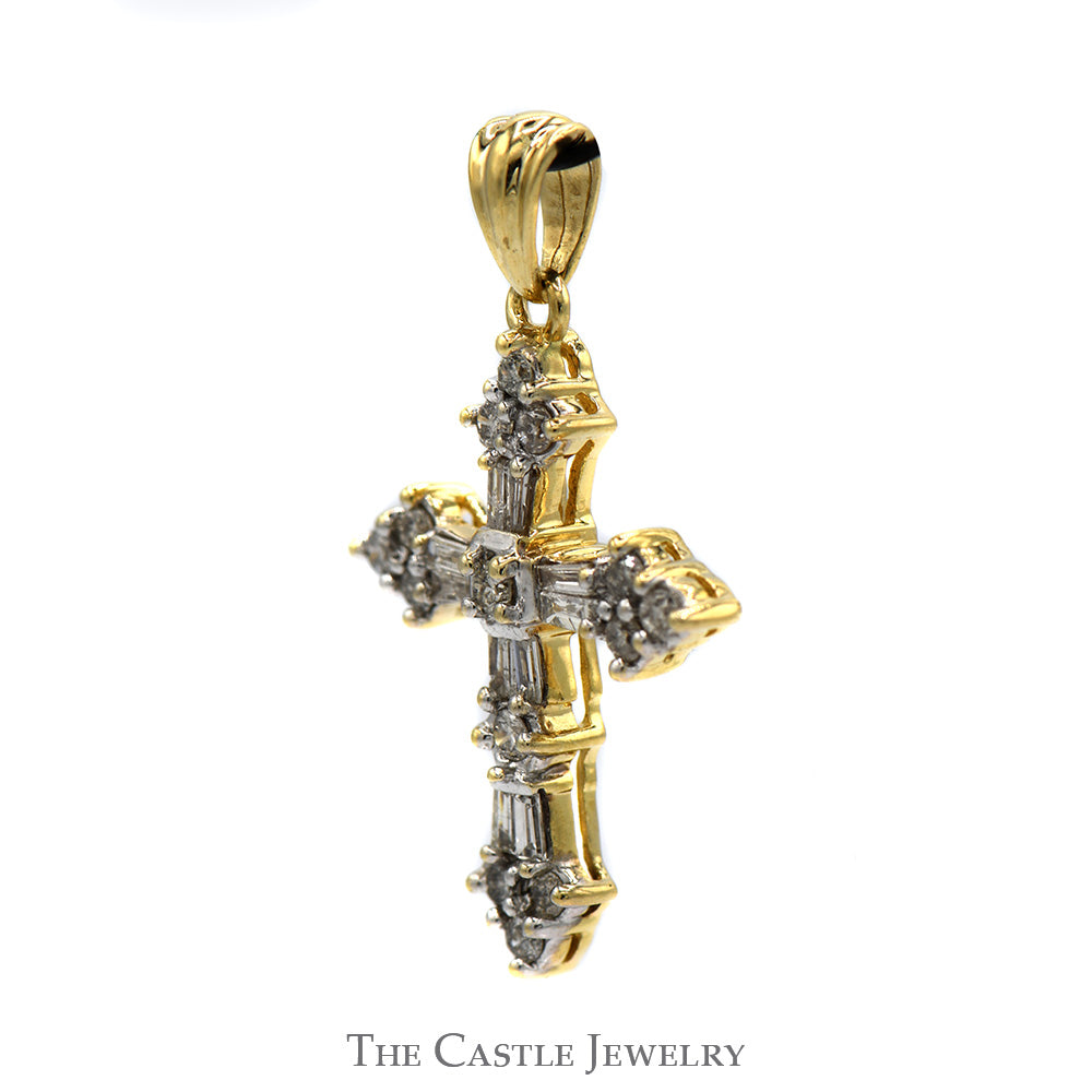 Diamond Cross Pendant With Baguette Cut and Round Cut Diamonds .38 CTTW In 14KT Yellow Gold
