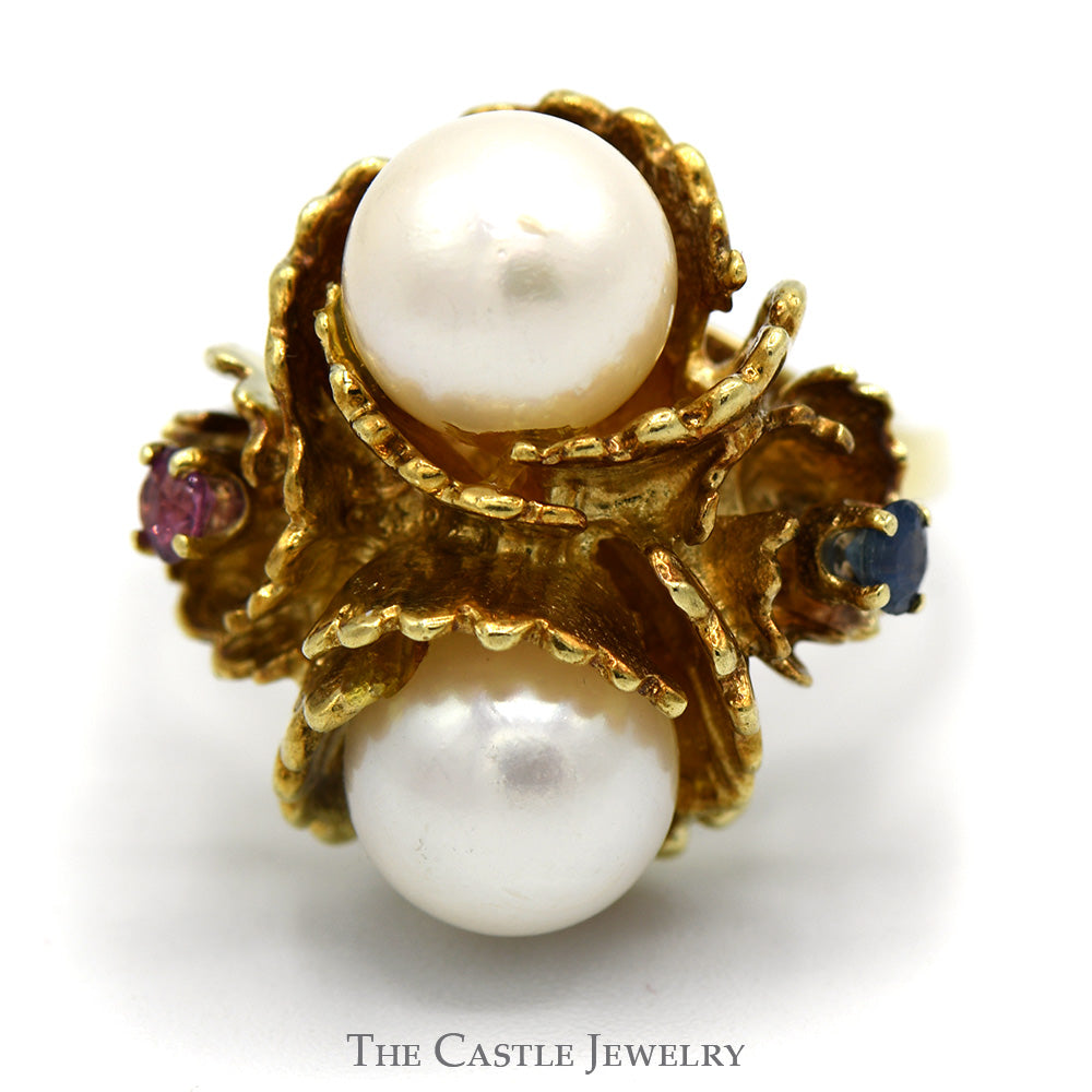 Double Pearl Ring in Floral Setting with Sapphire & Ruby Accents in 14k Yellow Gold