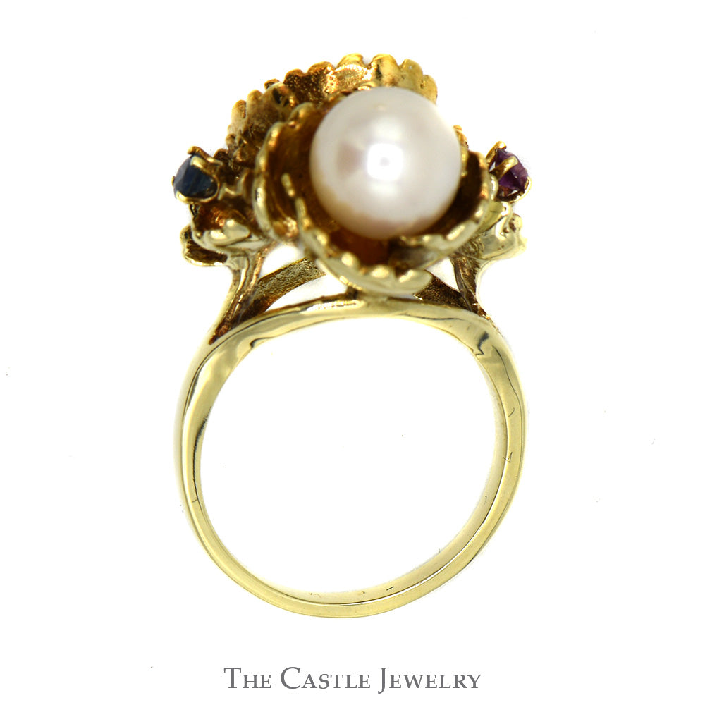 Double Pearl Ring in Floral Setting with Sapphire & Ruby Accents in 14k Yellow Gold