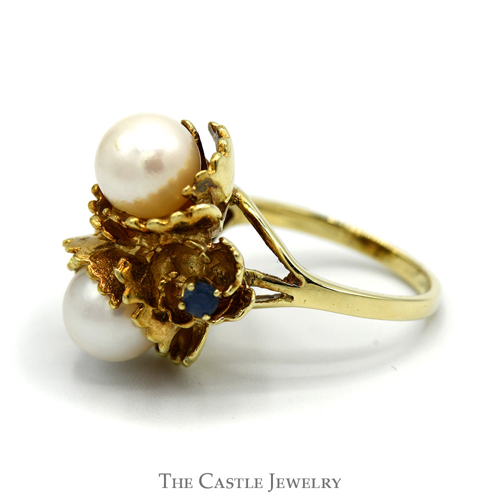 Double Pearl Ring in Floral Setting with Sapphire & Ruby Accents in 14k Yellow Gold