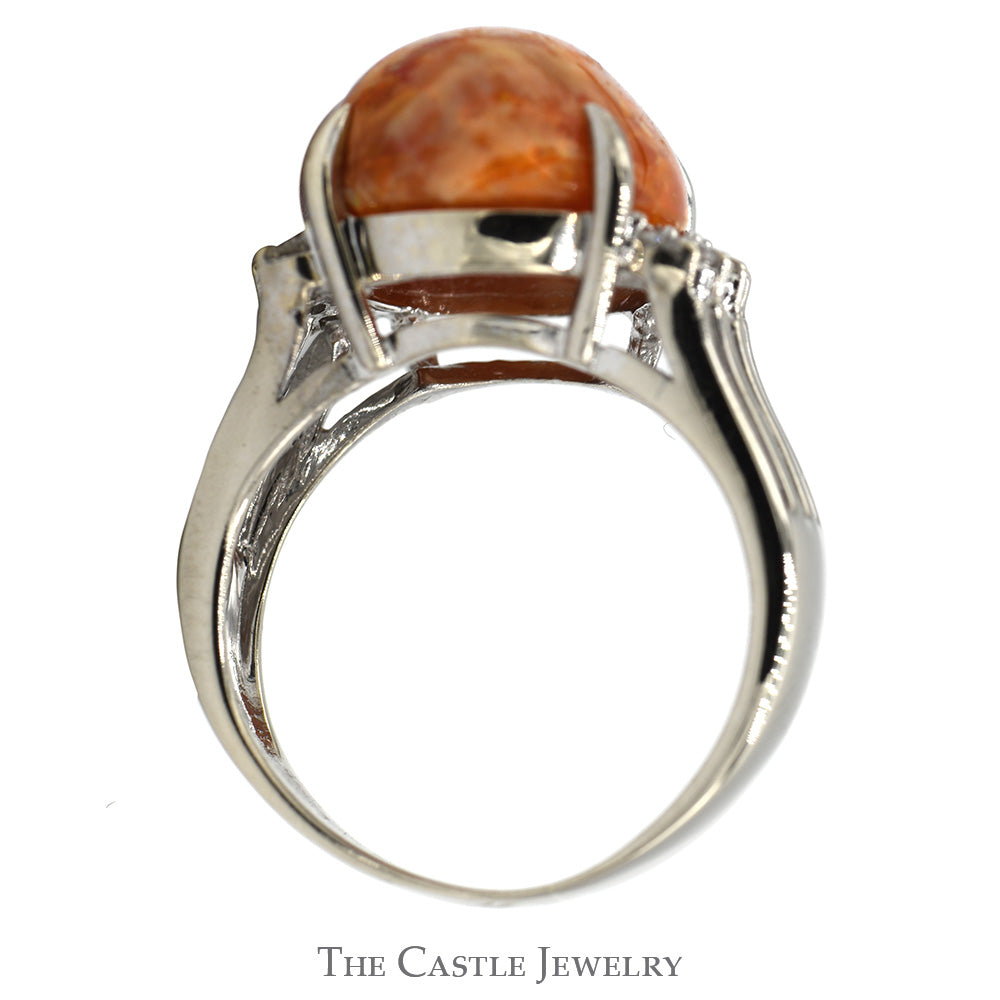 Oval Cabochon Mexican Fire Opal Ring with Diamond Accents in 14k White Gold