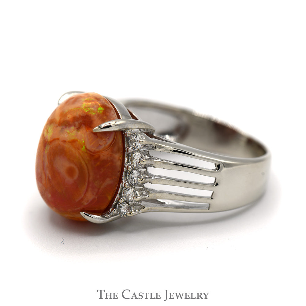 Oval Cabochon Mexican Fire Opal Ring with Diamond Accents in 14k White Gold
