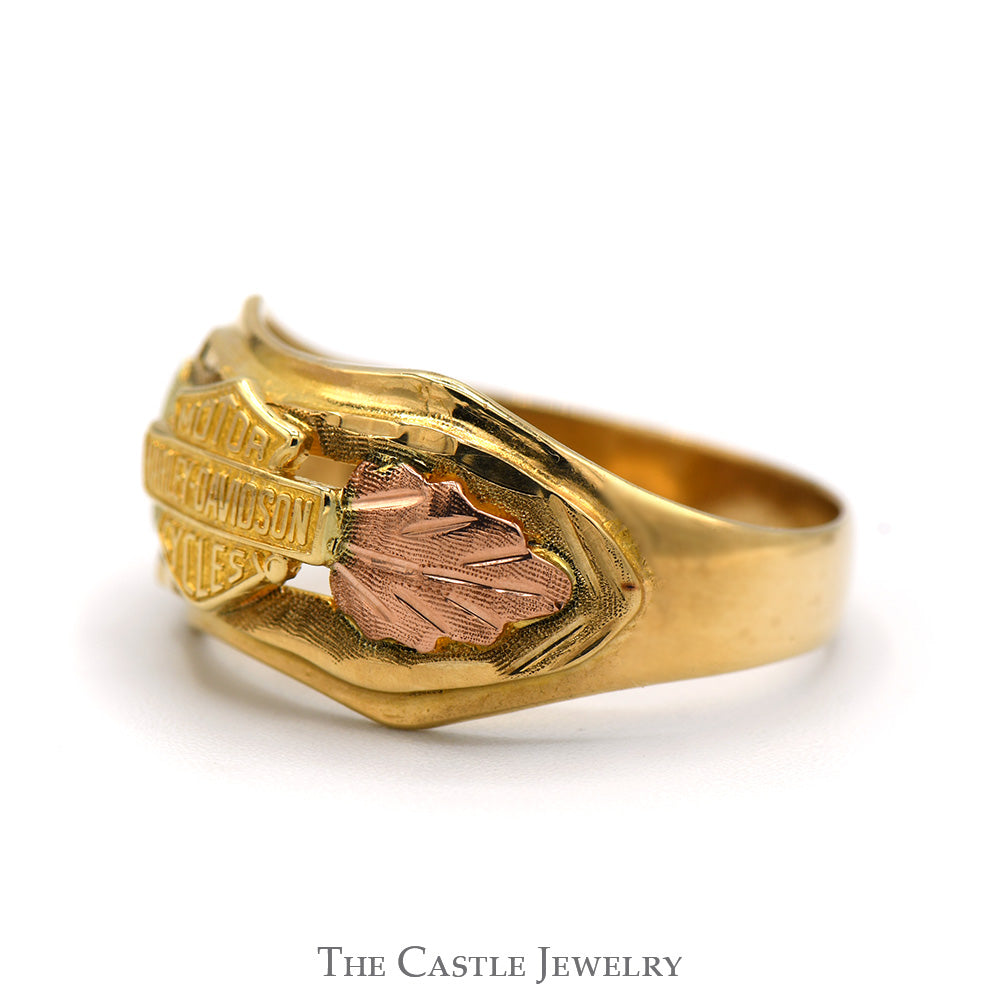 Harley Davidson Ring with Two Tone Leaf Design in 10k Rose and Yellow Gold