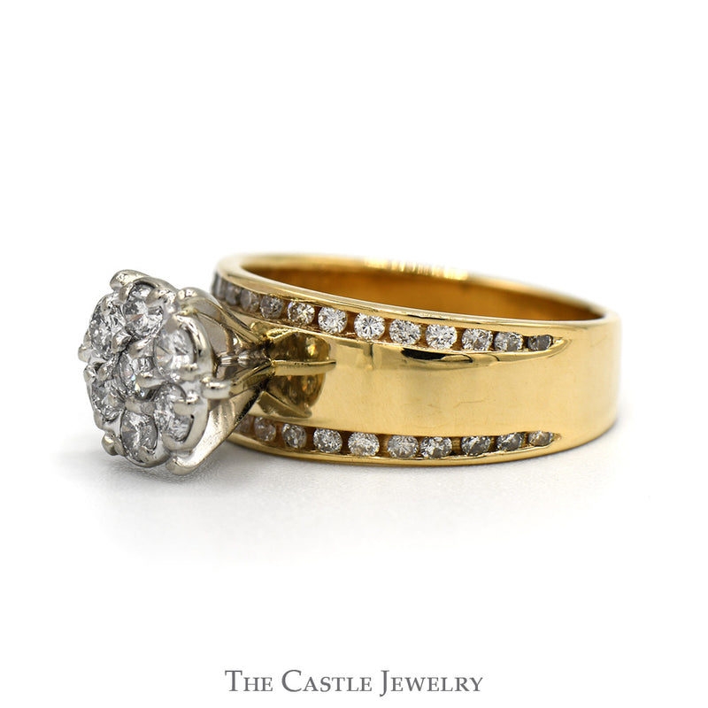 3/4cttw 7 Diamond Cluster Ring with Channel Set Diamond Accents in 14k Yellow Gold