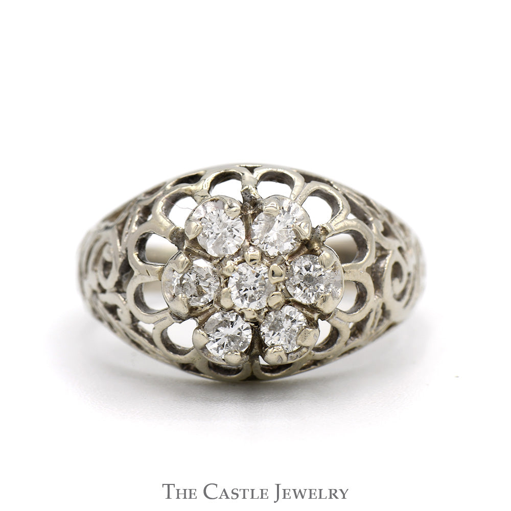 1/2cttw 7 Diamond Kentucky Cluster Ring with Open Filigree Sides in 10k White Gold