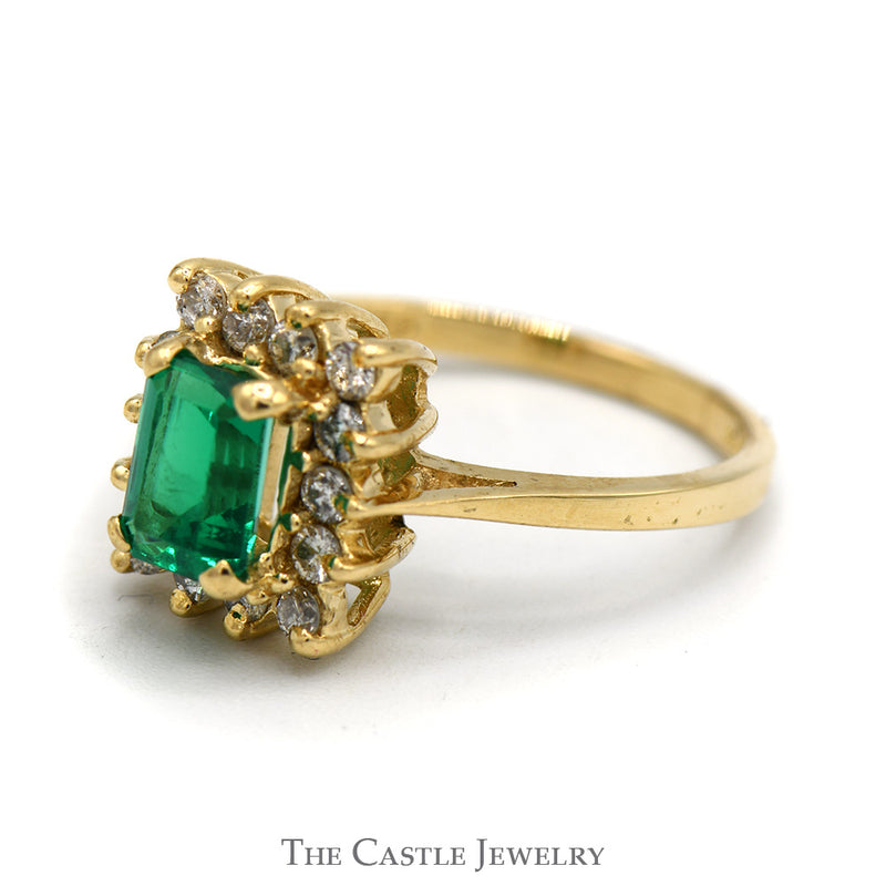 Emerald Cut Emerald Ring with RBC Diamond Halo in 14K Gold