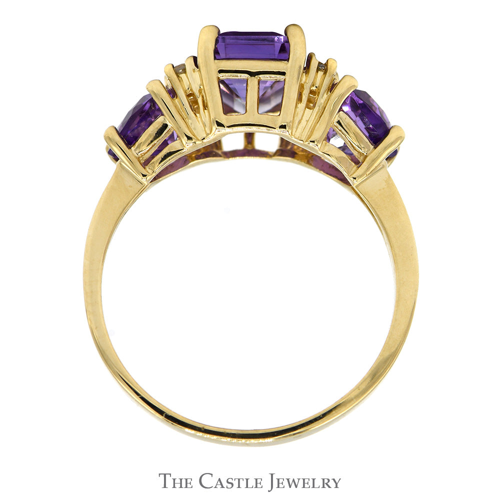 Emerald Cut Amethyst Ring with Trillion Cut Sides & Diamond Accents in 14k Yellow Gold