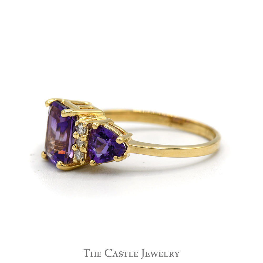 Emerald Cut Amethyst Ring with Trillion Cut Sides & Diamond Accents in 14k Yellow Gold