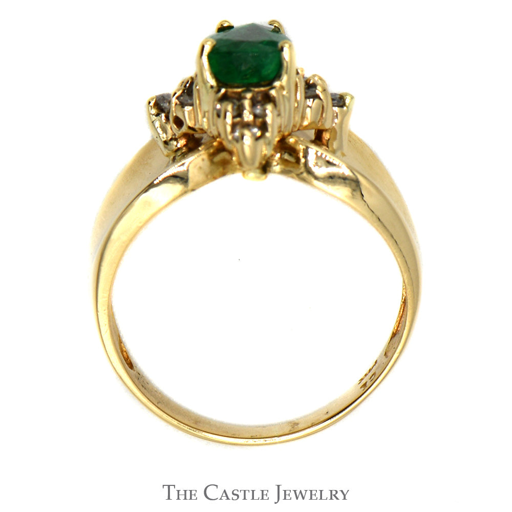 Pear Cut Emerald Ring in 14K Concave Mounting with Diamond Accents