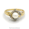 Dainty Pearl Ring with Crossover Diamond Accent in 10K Gold - Thumbnail 1