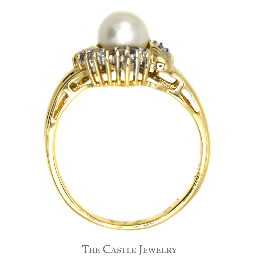 Dainty Pearl Ring with Crossover Diamond Accent in 10K Gold