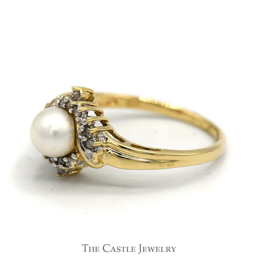 Dainty Pearl Ring with Crossover Diamond Accent in 10K Gold