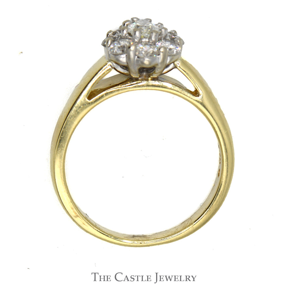 1cttw Pear Cut Diamond Ring with Diamond Halo in 14k Yellow Gold Cathedral Mounting