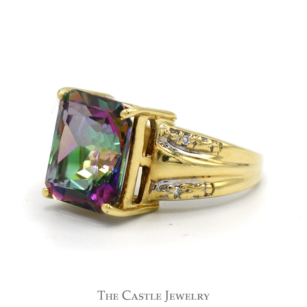 Emerald Cut Mystic Topaz Ring with Diamond Accented Sides in 10k Yellow Gold