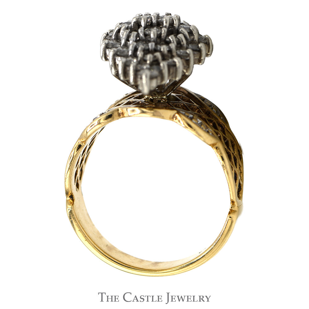 1/2cttw Marquise Shaped Diamond Cluster Ring with Lattice Designed Sides in 10k Yellow Gold