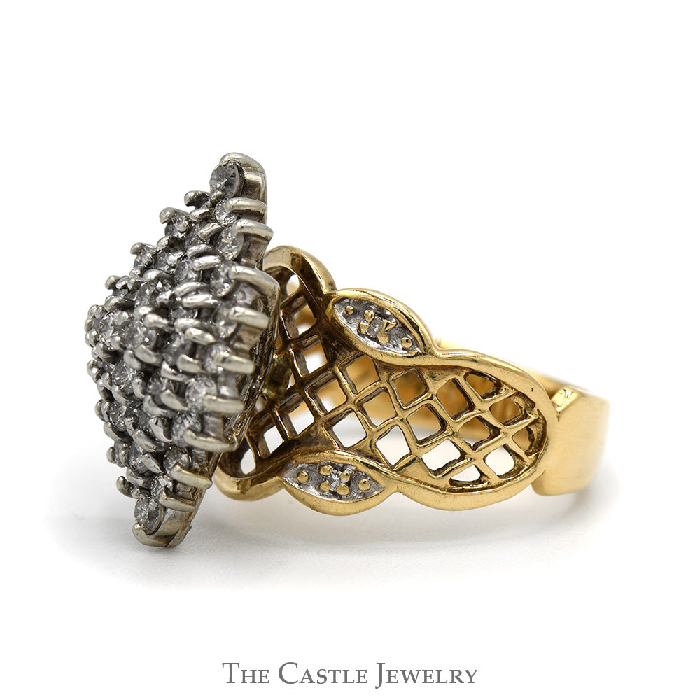 1/2cttw Marquise Shaped Diamond Cluster Ring with Lattice Designed Sides in 10k Yellow Gold