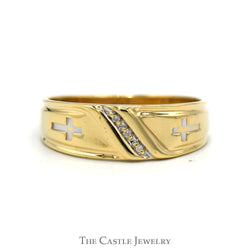 Gent's Diamond Wedding Band With Cross Design .01 CTTW 10KT Yellow And White Gold