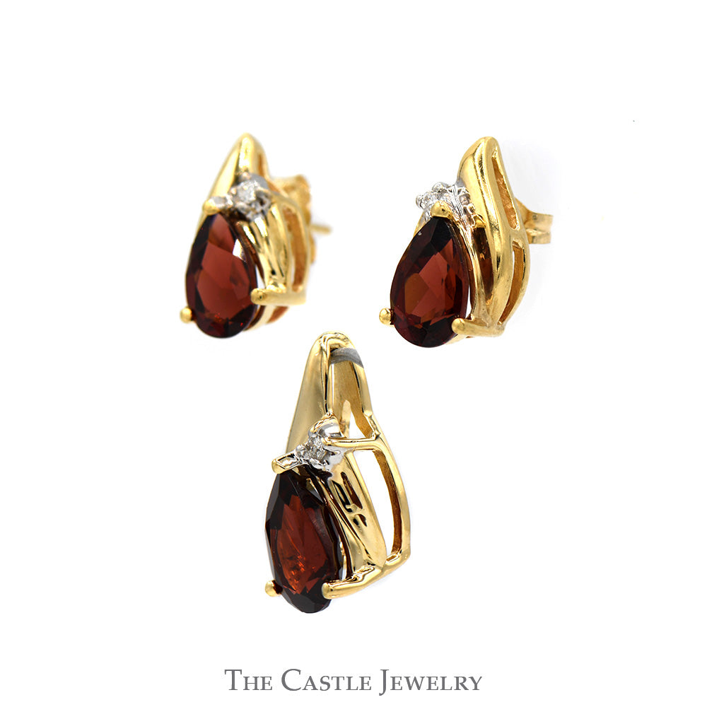 Pear Cut Garnet Pendant and Earring Set with Diamond Accents in 14k Yellow Gold