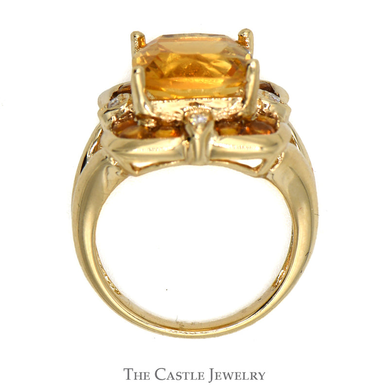 Cushion Cut Citrine With .02 CTTW Round Cut Diamonds and Round Citrines in Spit-Shank in 10 KT Yellow Gold