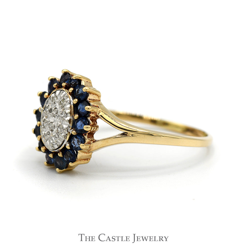 Sapphire and Diamond Cluster Ring With Round Sapphires and .05 CTTW Round Brilliant Cut Diamonds in Split-Shank 10 KT Yellow Gold