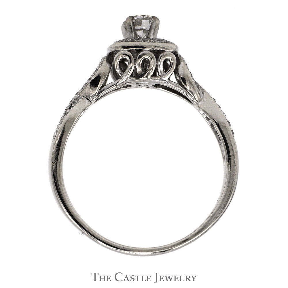 1/2cttw Round Diamond Solitaire Engagement Ring with Halo & Accented Twisted Sides in 14k White Gold