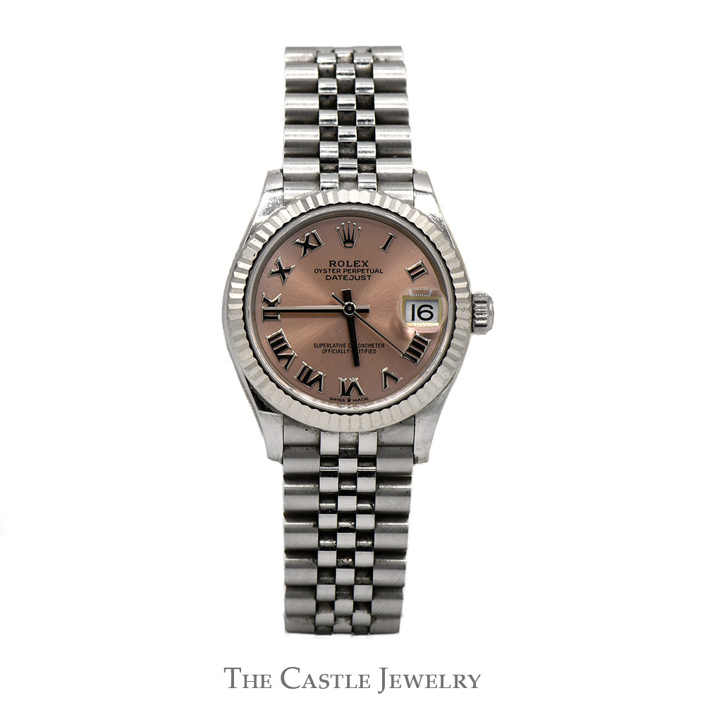 Rolex Datejust 278274 31mm with Pink Roman Numeral Dial and Fluted Bezel in 18k White Gold & Stainless Steel