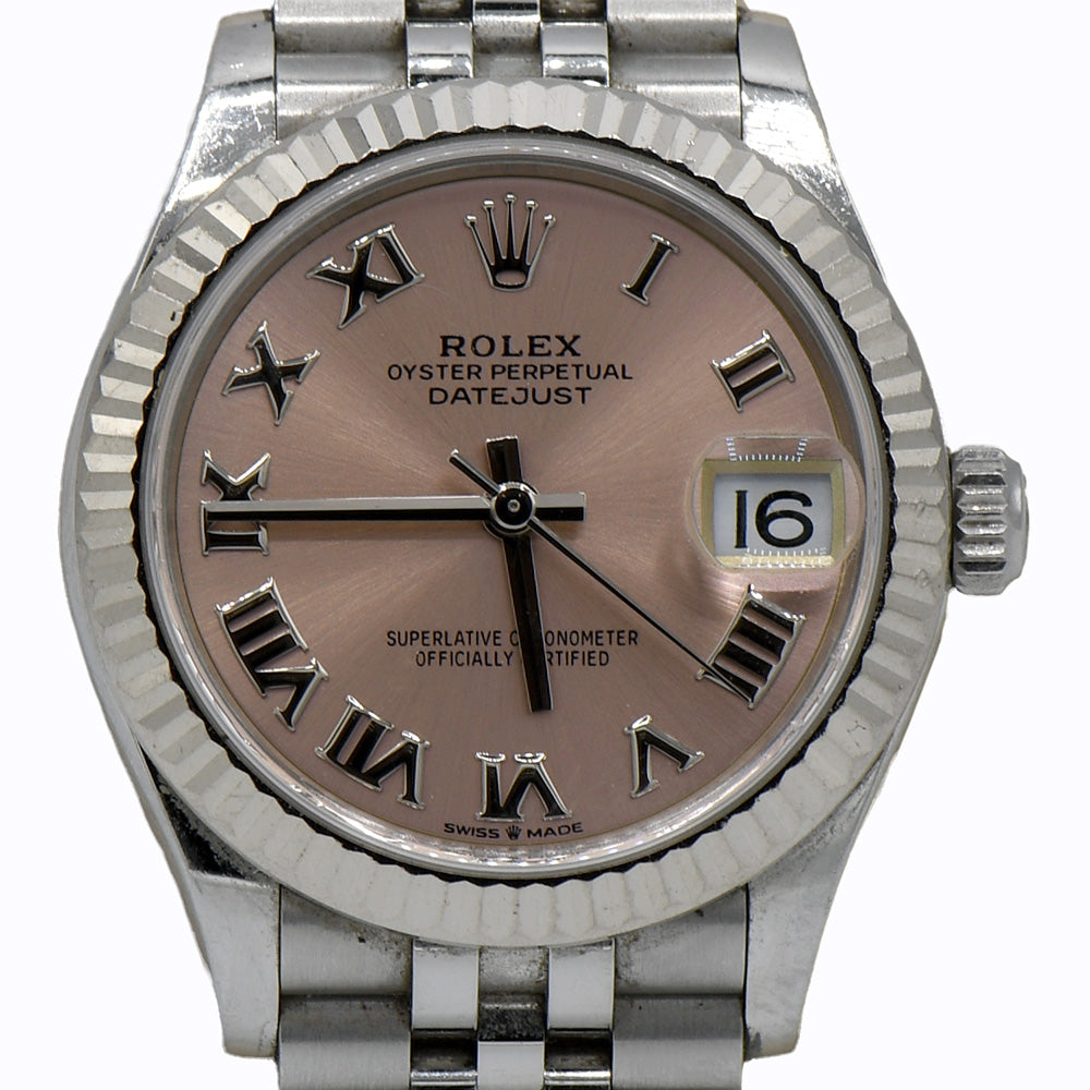 Rolex Datejust 278274 31mm with Pink Roman Numeral Dial and Fluted Bezel in 18k White Gold & Stainless Steel