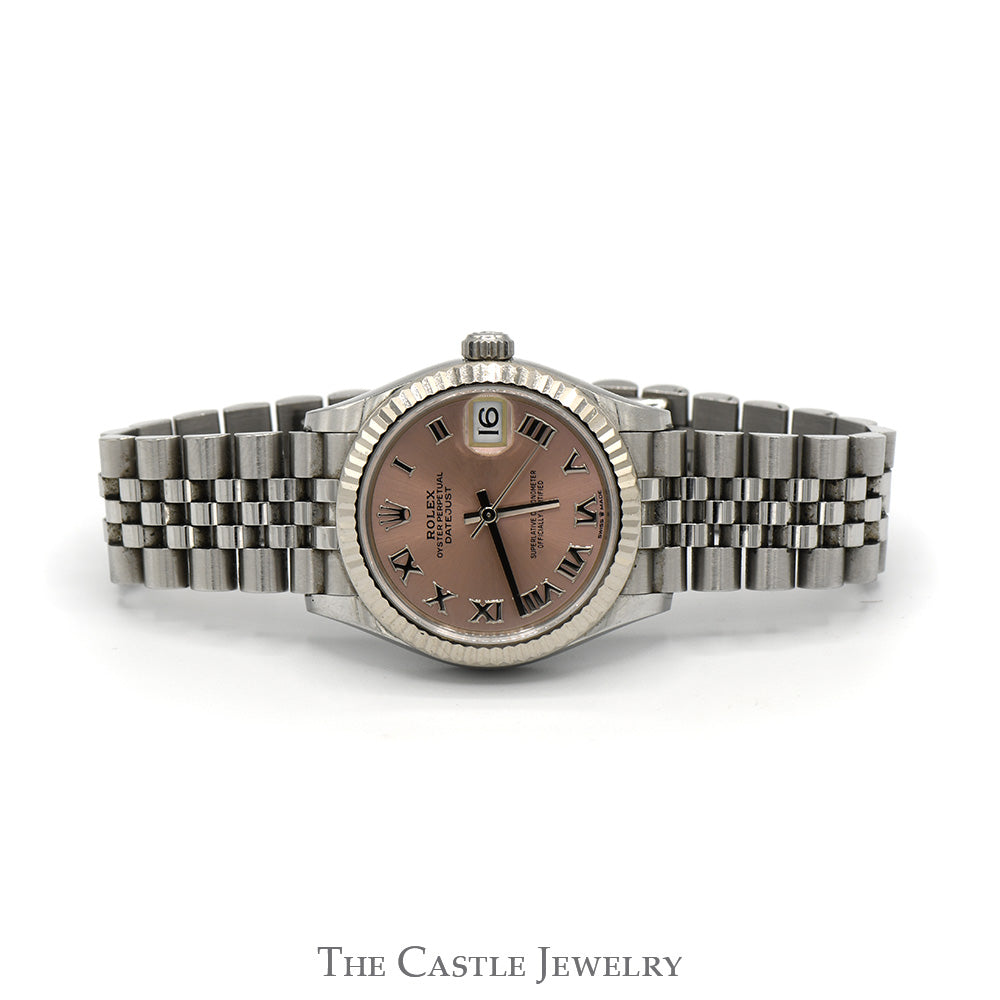 Rolex Datejust 278274 31mm with Pink Roman Numeral Dial and Fluted Bezel in 18k White Gold & Stainless Steel