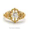 Antique Style Round Diamond Ring with Diamond Accented Open Floral Design in 14k Yellow Gold - Thumbnail 1